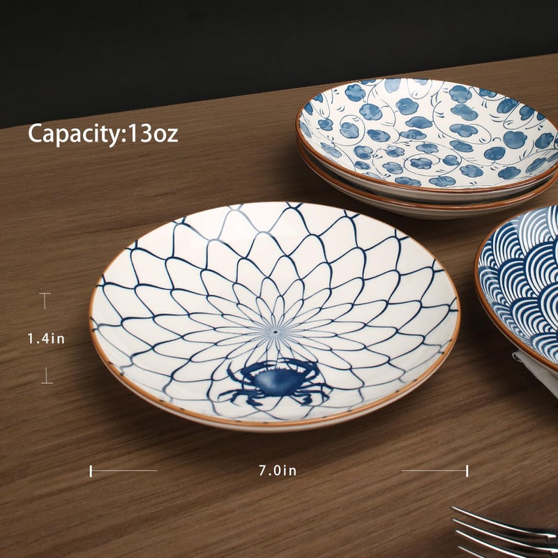YALONG Small Ceramic Salad Plates Set of 4, 7 Inch (13oz) Japanese Appetizer Plates for Sushi Snacks, Dessert Plates for Cake Fruit, Blue & White Dinnerware, Microwave Dishwasher Safe - Image 2